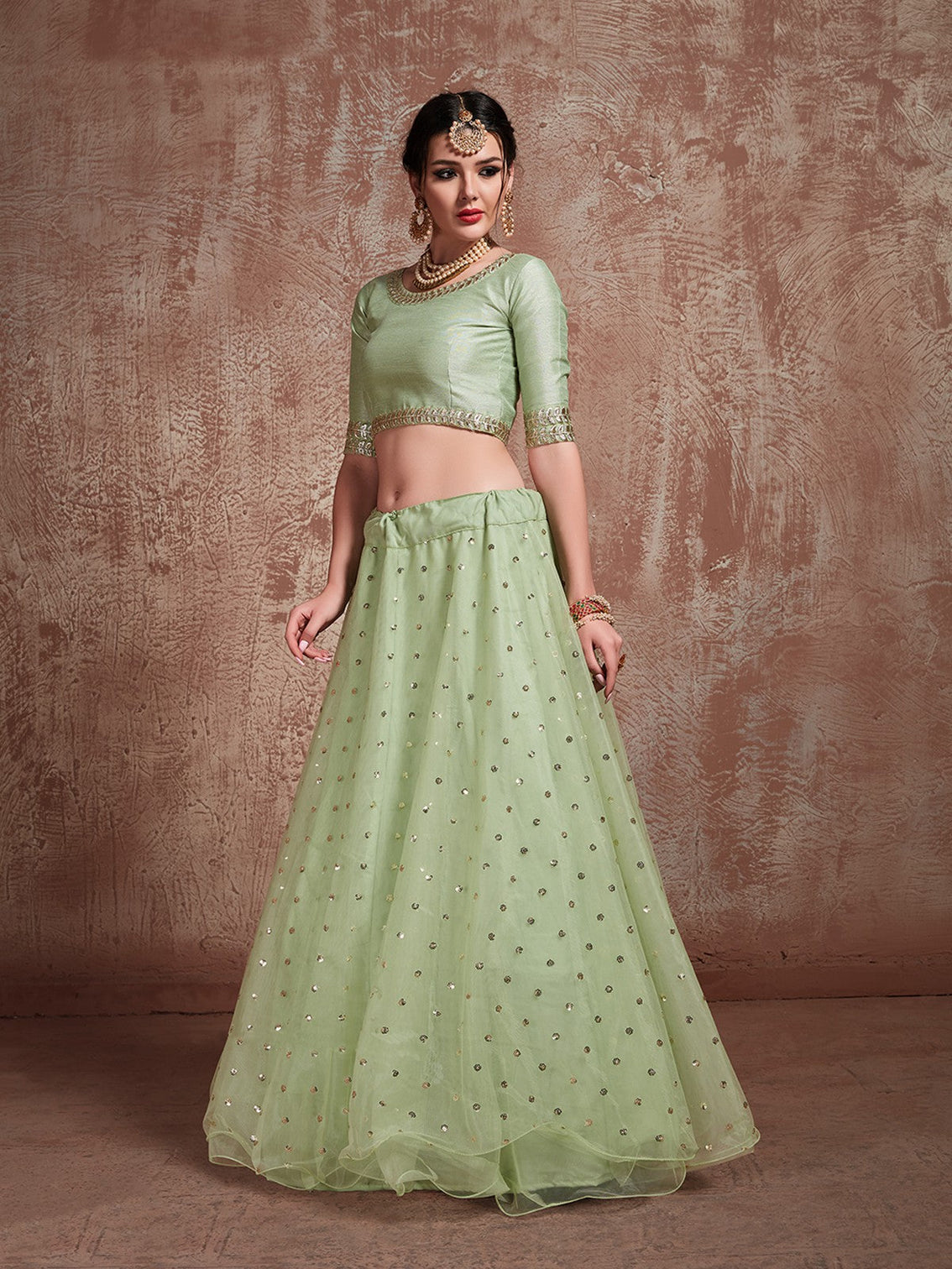 Green Sequins Sassy Semi Stitched Lehenga With Unstitched Blouse
