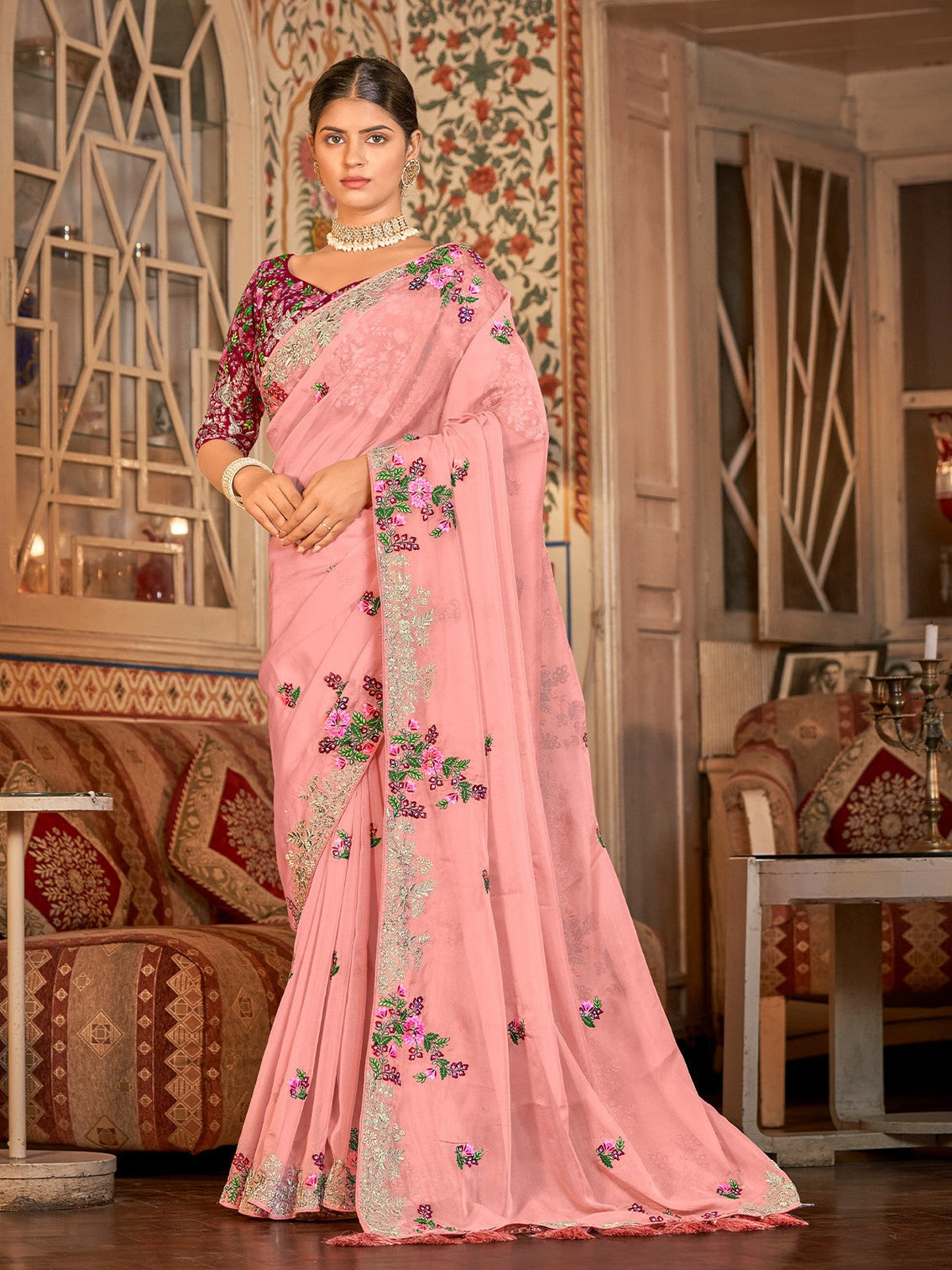 Pink Organza Embroidered Saree With Unstitched Blouse