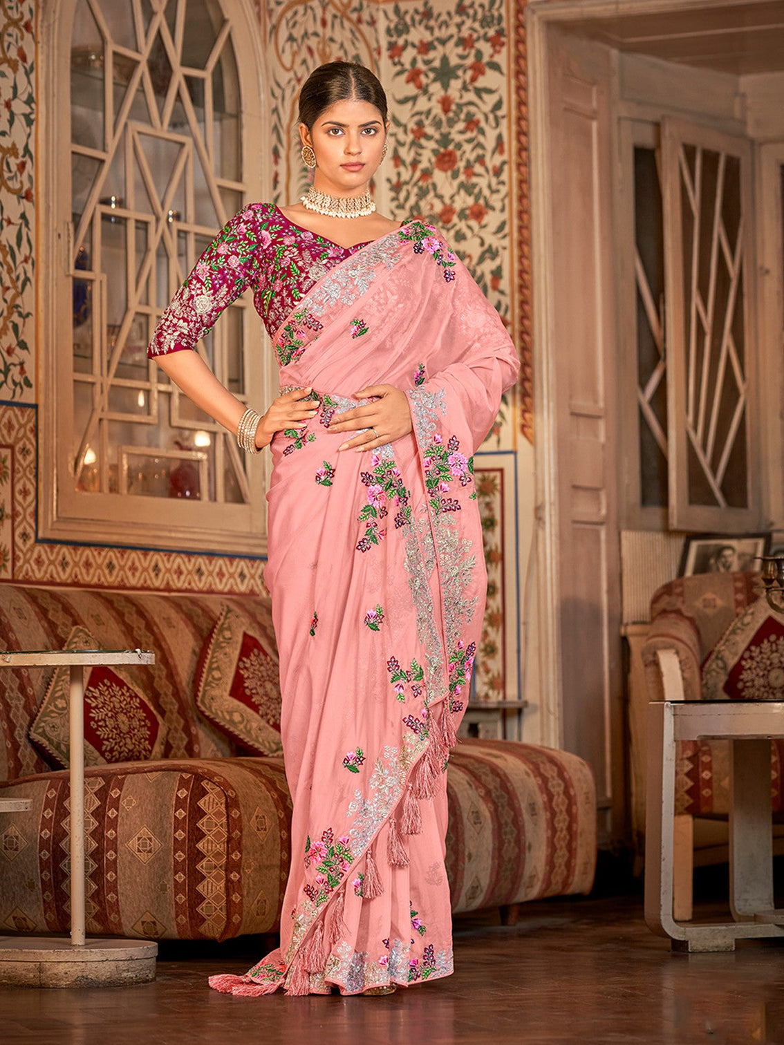 Pink Organza Embroidered Saree With Unstitched Blouse