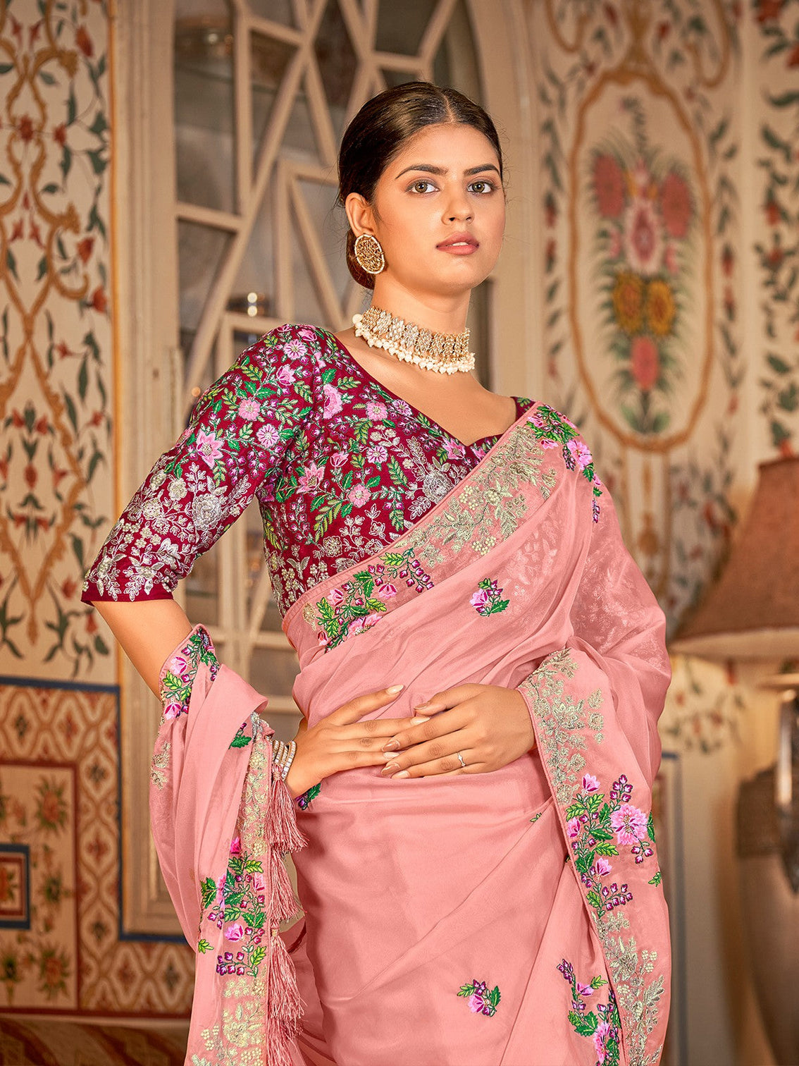 Pink Organza Embroidered Saree With Unstitched Blouse