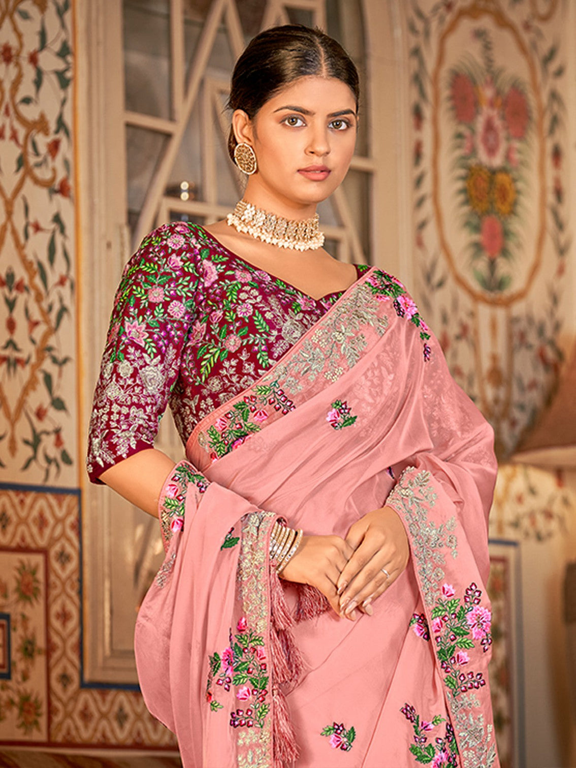 Pink Organza Embroidered Saree With Unstitched Blouse