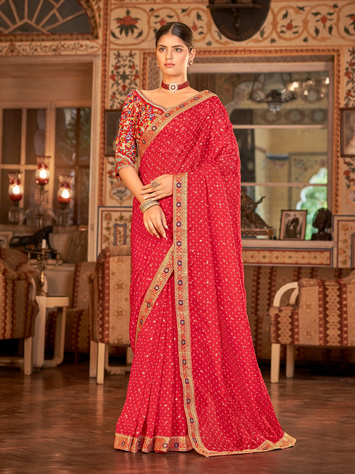 Red Organza Embroidered Saree With Unstitched Blouse
