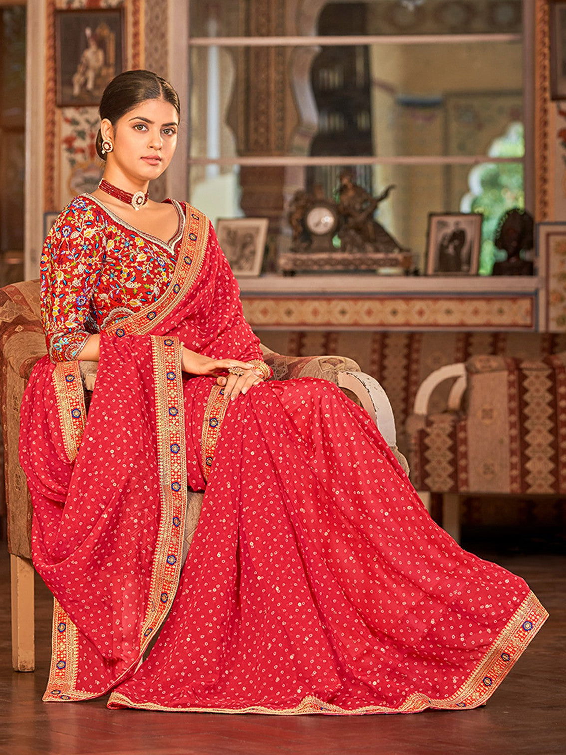 Red Organza Embroidered Saree With Unstitched Blouse