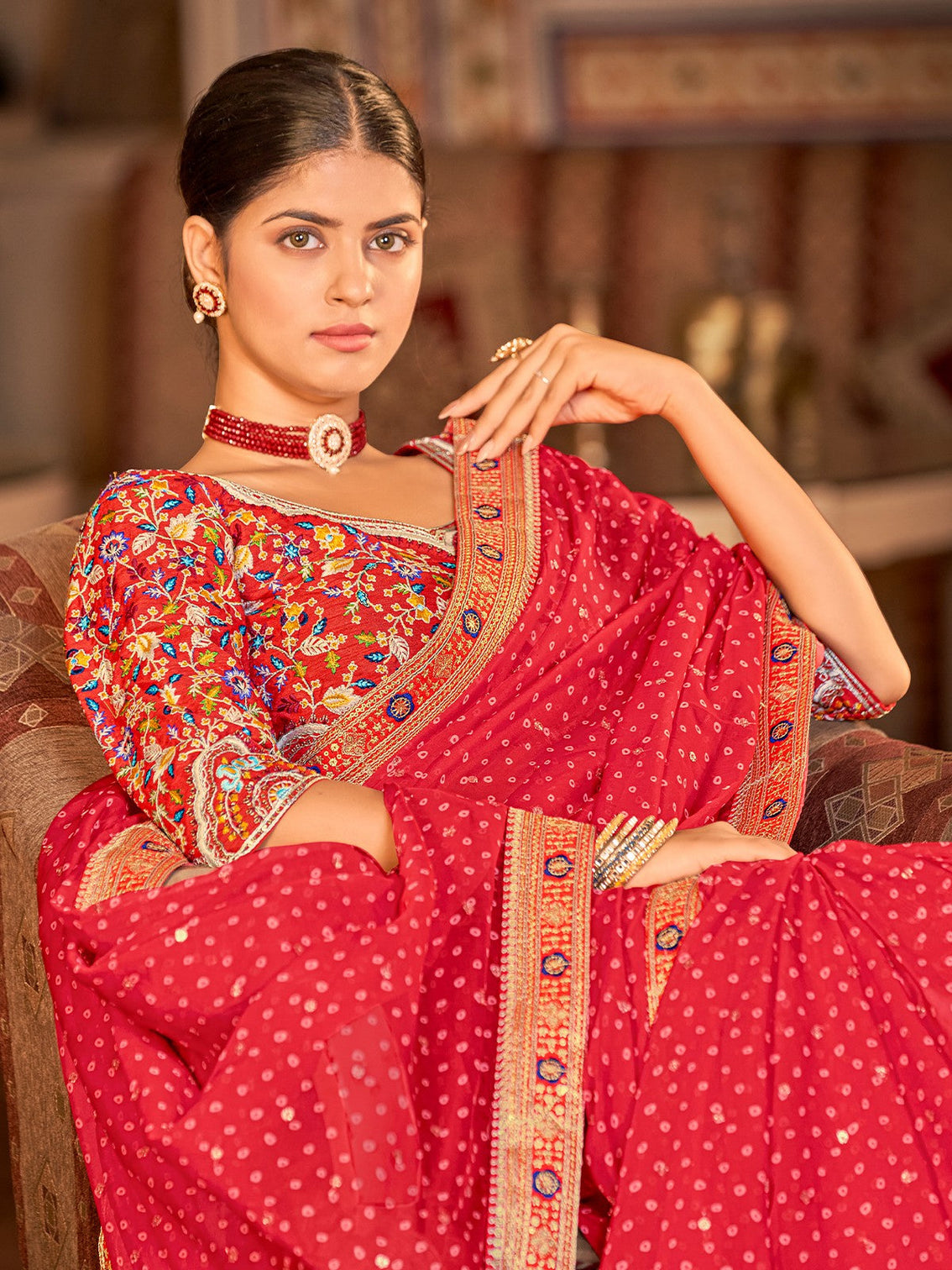 Red Organza Embroidered Saree With Unstitched Blouse