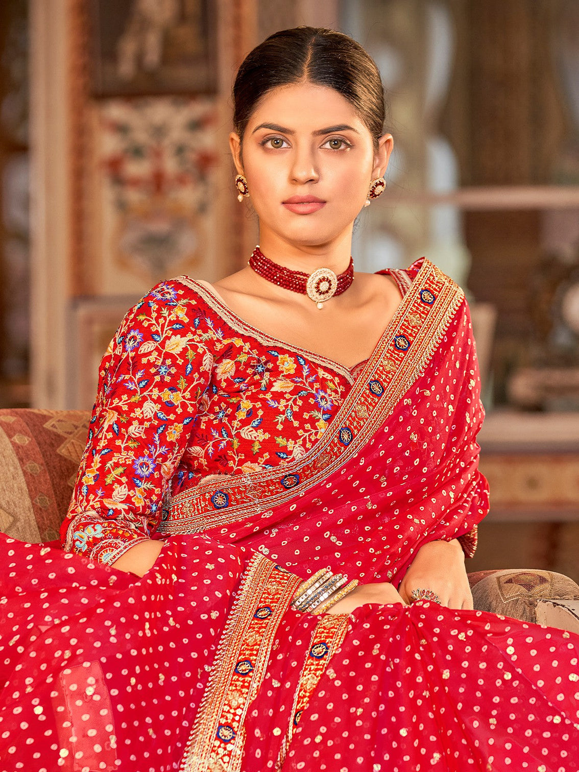 Red Organza Embroidered Saree With Unstitched Blouse