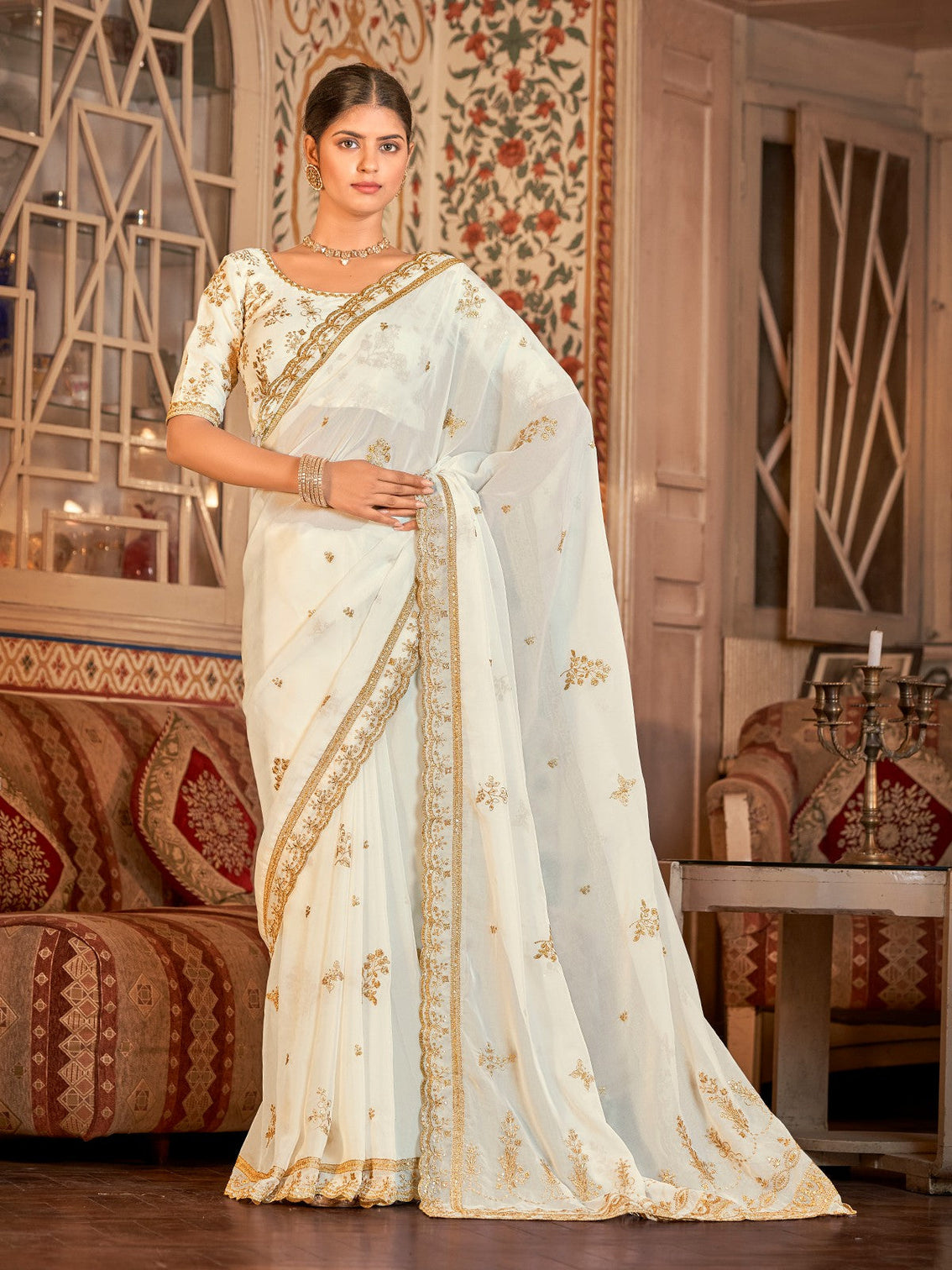 White Organza Embroidered Saree With Unstitched Blouse