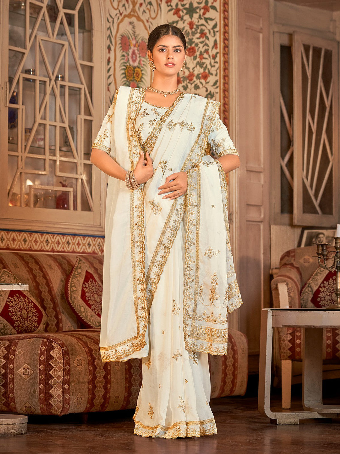 White Organza Embroidered Saree With Unstitched Blouse