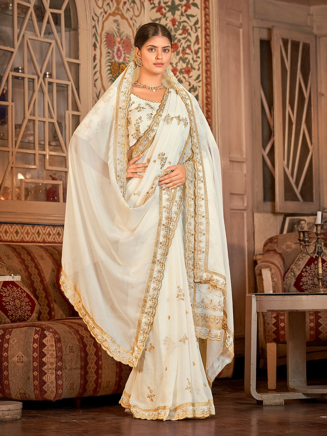 White Organza Embroidered Saree With Unstitched Blouse