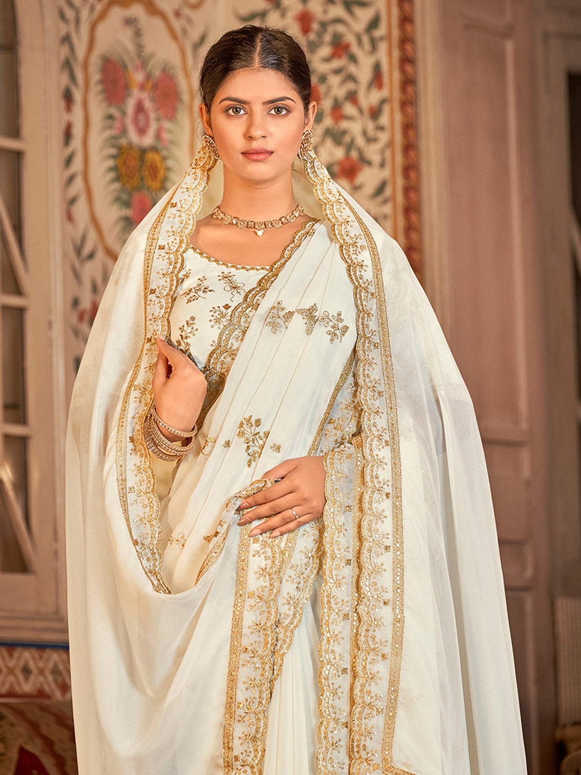 White Organza Embroidered Saree With Unstitched Blouse
