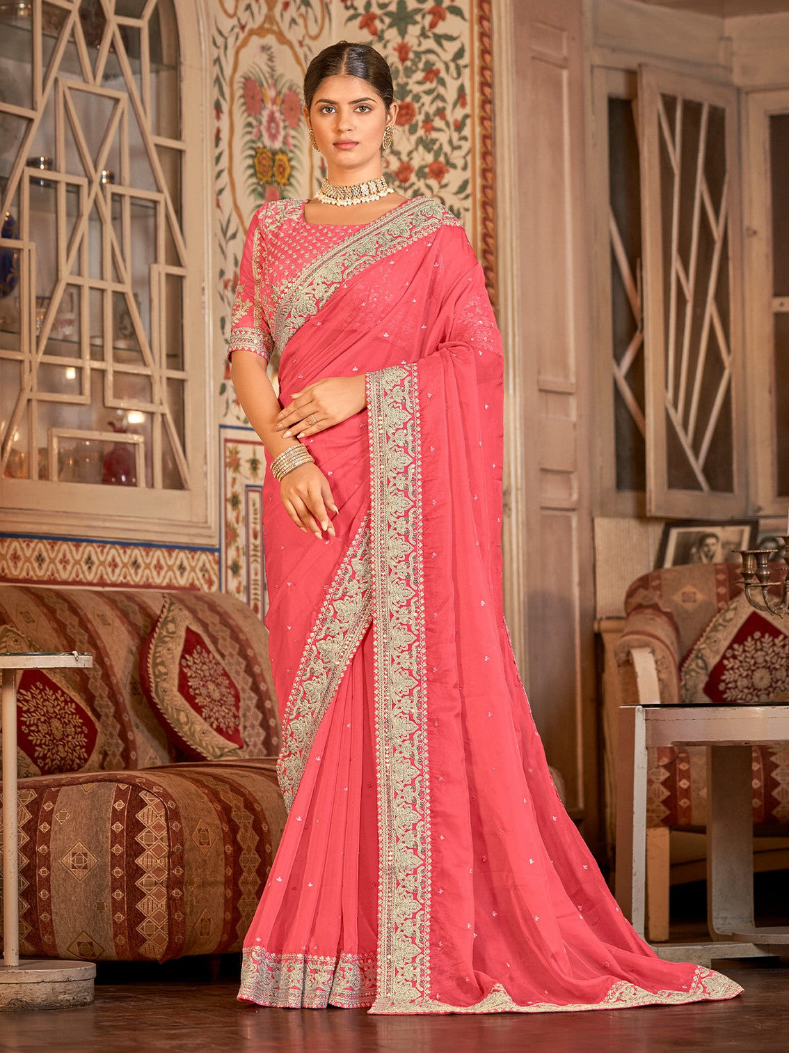 Pink Organza Embroidered Saree With Unstitched Blouse