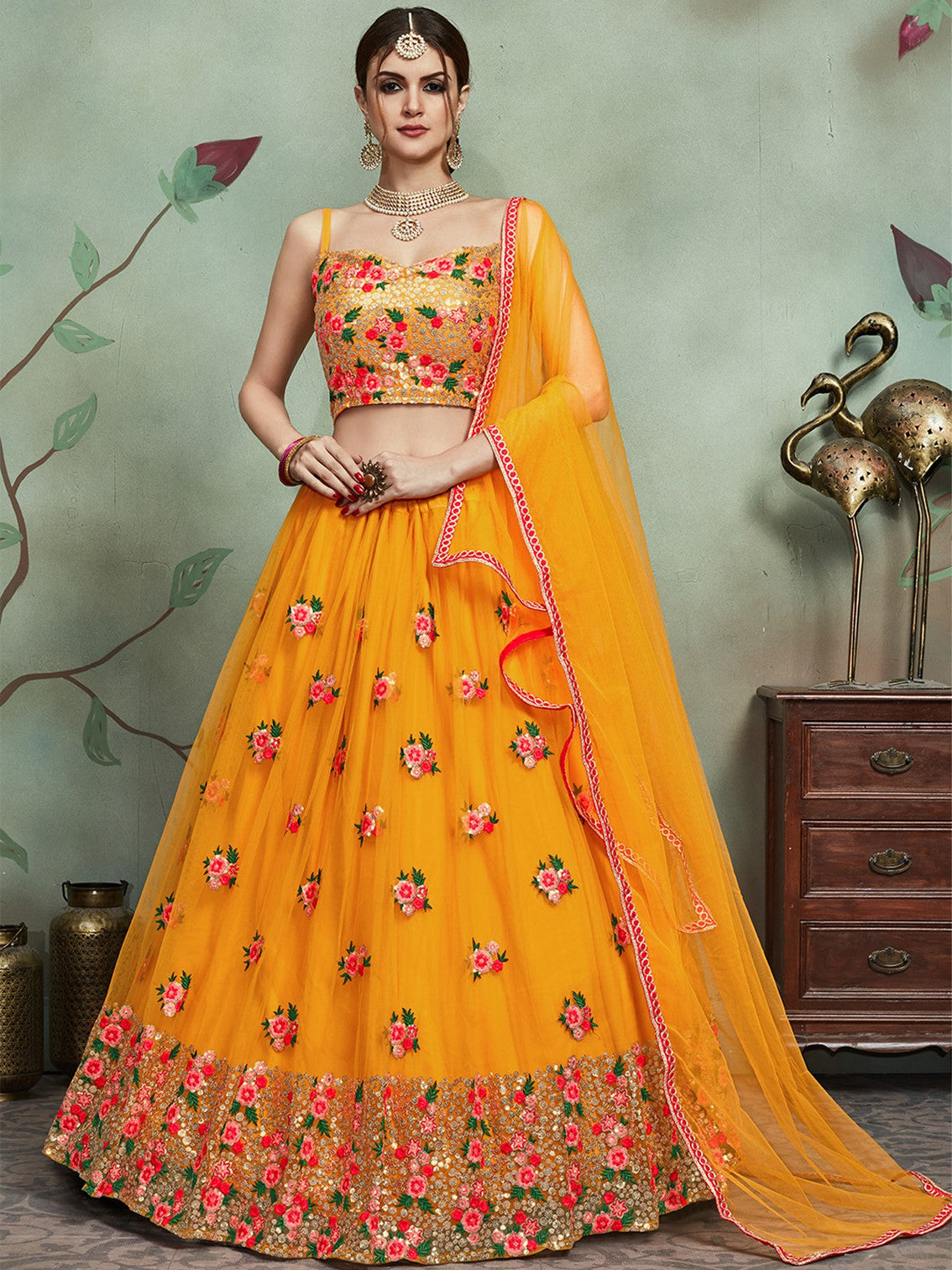 Mustard Color Soft Net Sequins Semi Stitched Lehenga With Unstitched Blouse
