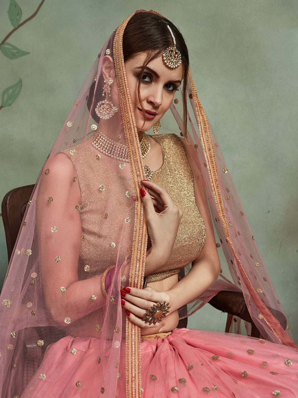 Peach Soft Net Sequins Semi Stitched Lehenga With Unstitched Blouse