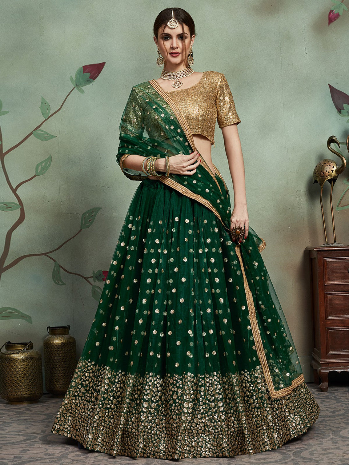Stylish Dark Green Soft Net Semi Stitched Lehenga With Unstitched Blouse