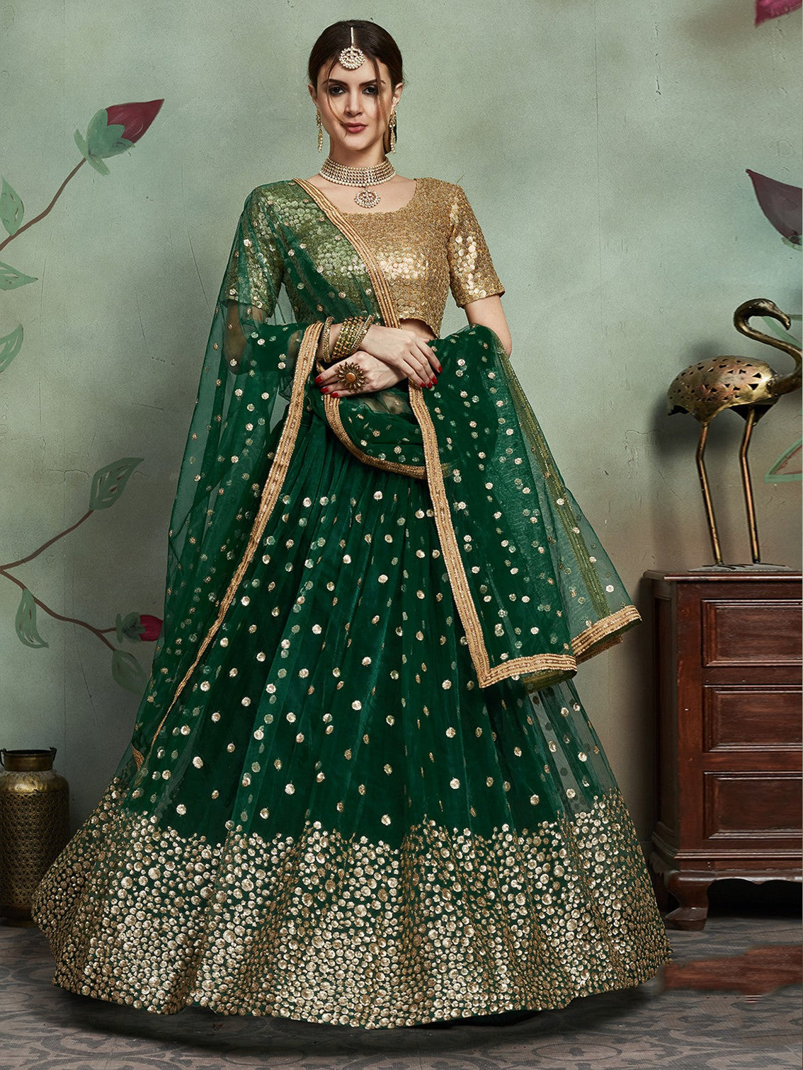 Stylish Dark Green Soft Net Semi Stitched Lehenga With Unstitched Blouse
