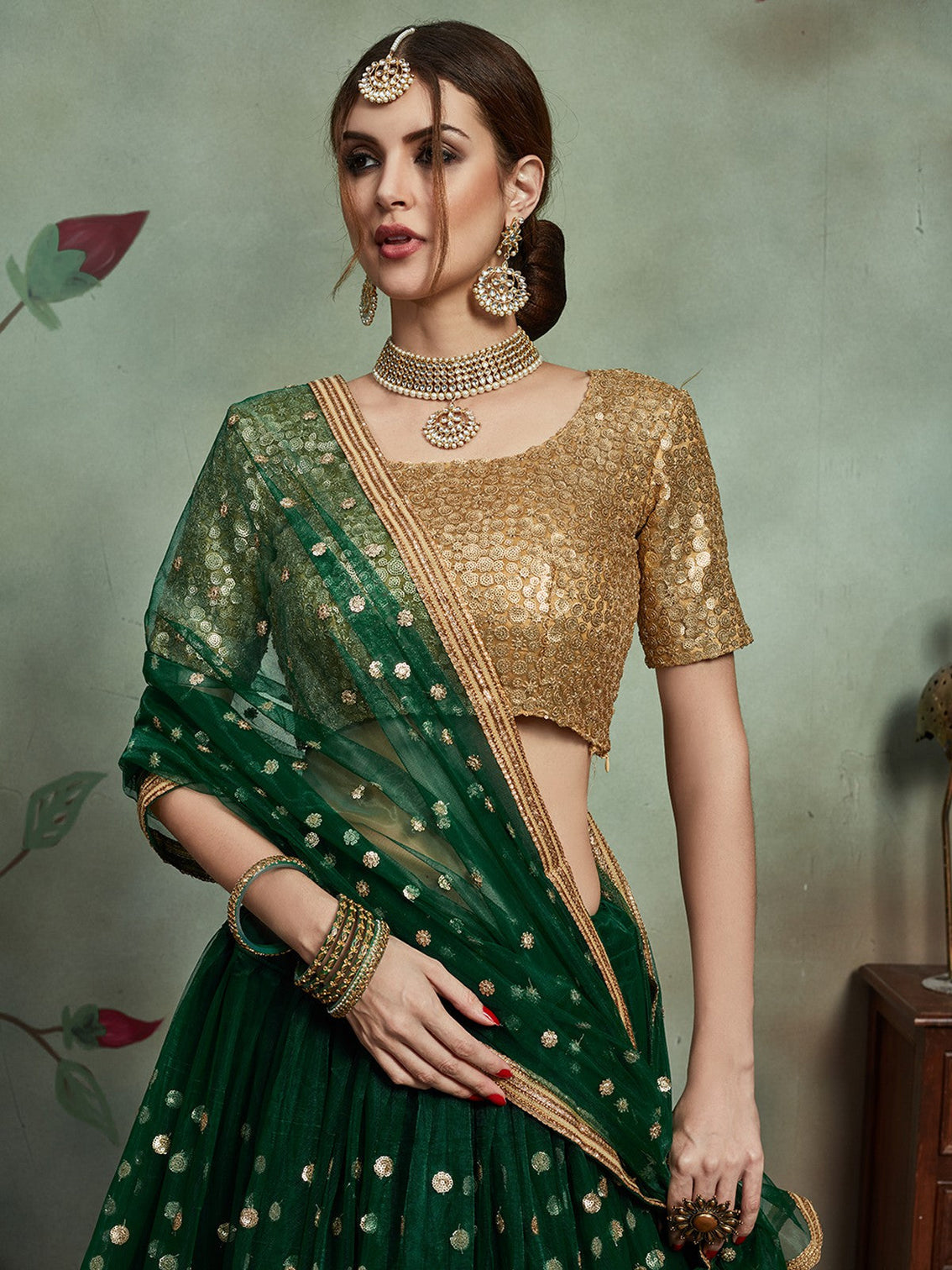 Stylish Dark Green Soft Net Semi Stitched Lehenga With Unstitched Blouse