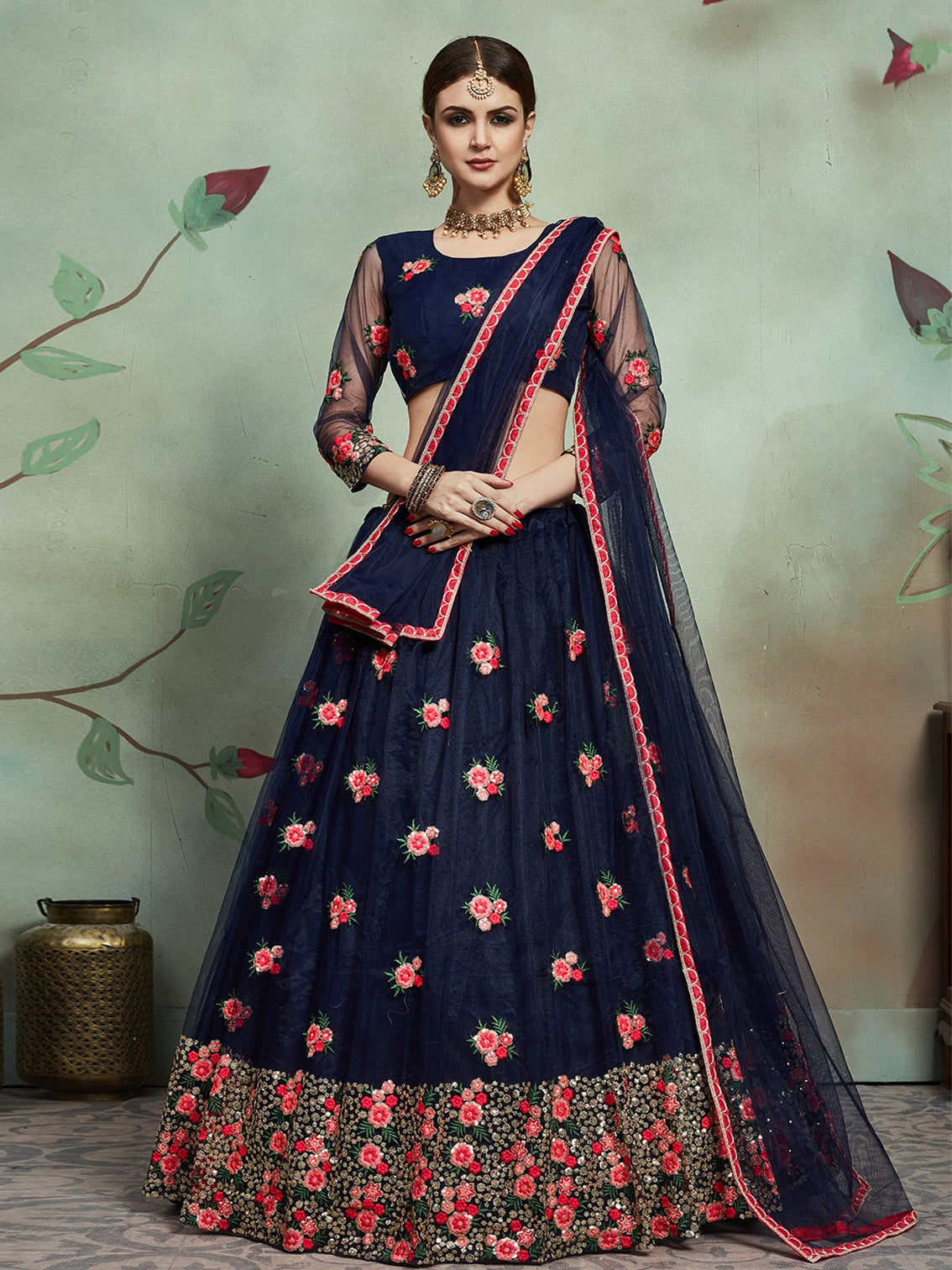 Designer Navy Blue Sequins Semi Stitched Lehenga With Unstitched Blouse