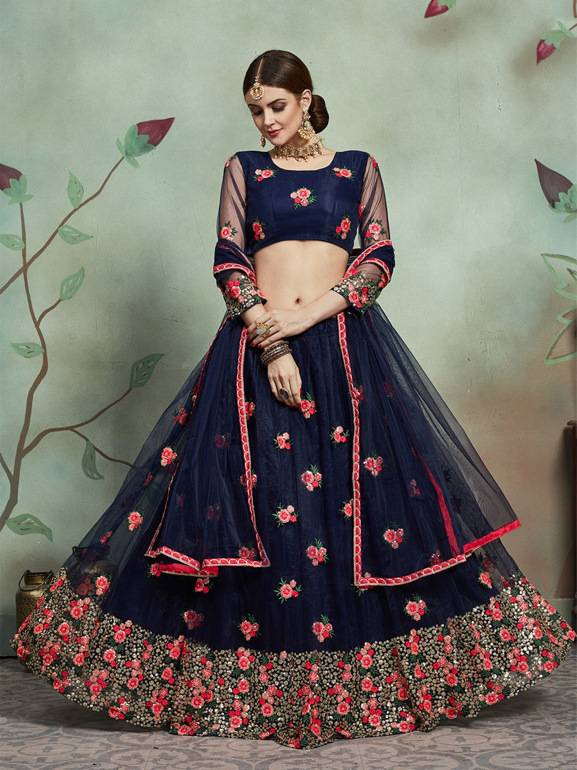 Designer Navy Blue Sequins Semi Stitched Lehenga With Unstitched Blouse
