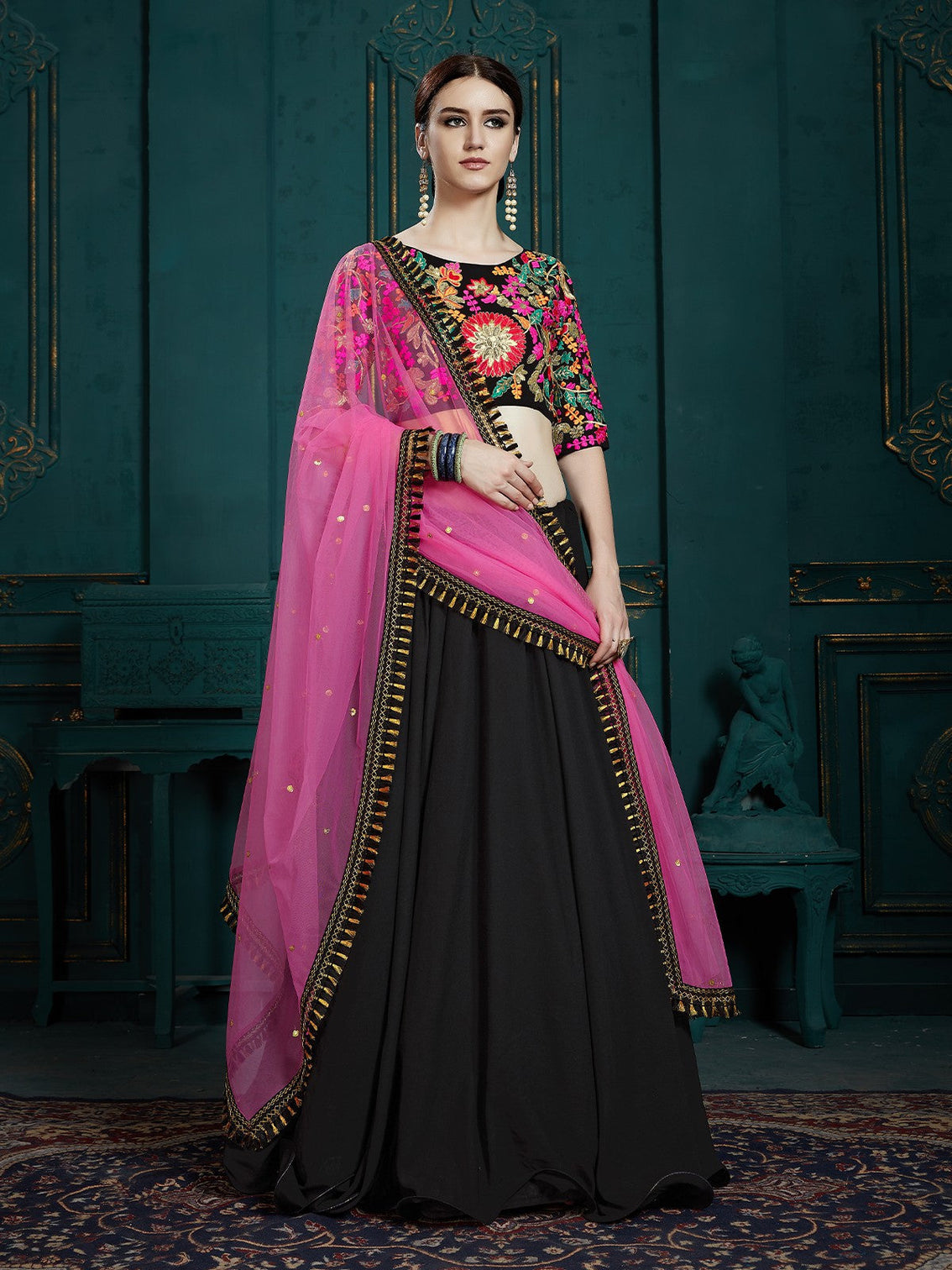 Black Classy Semi Stitched Lehenga With Unstitched Blouse