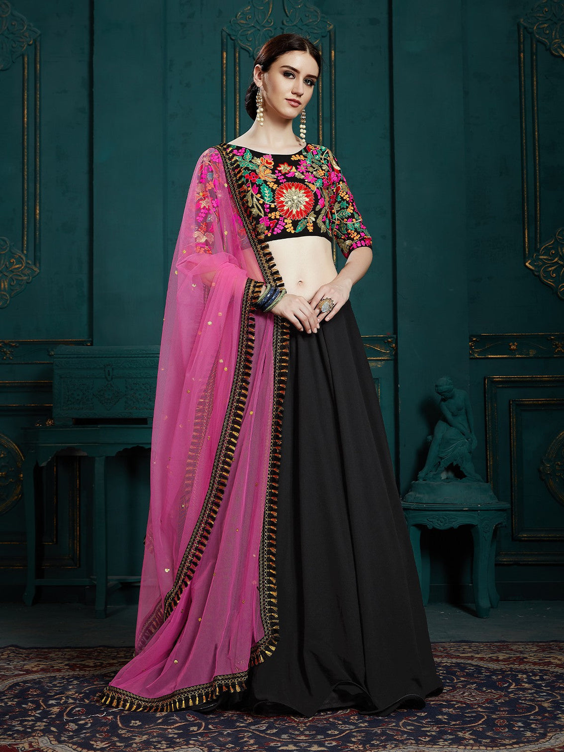 Black Classy Semi Stitched Lehenga With Unstitched Blouse
