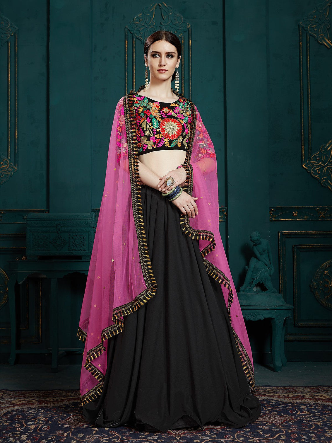 Black Classy Semi Stitched Lehenga With Unstitched Blouse