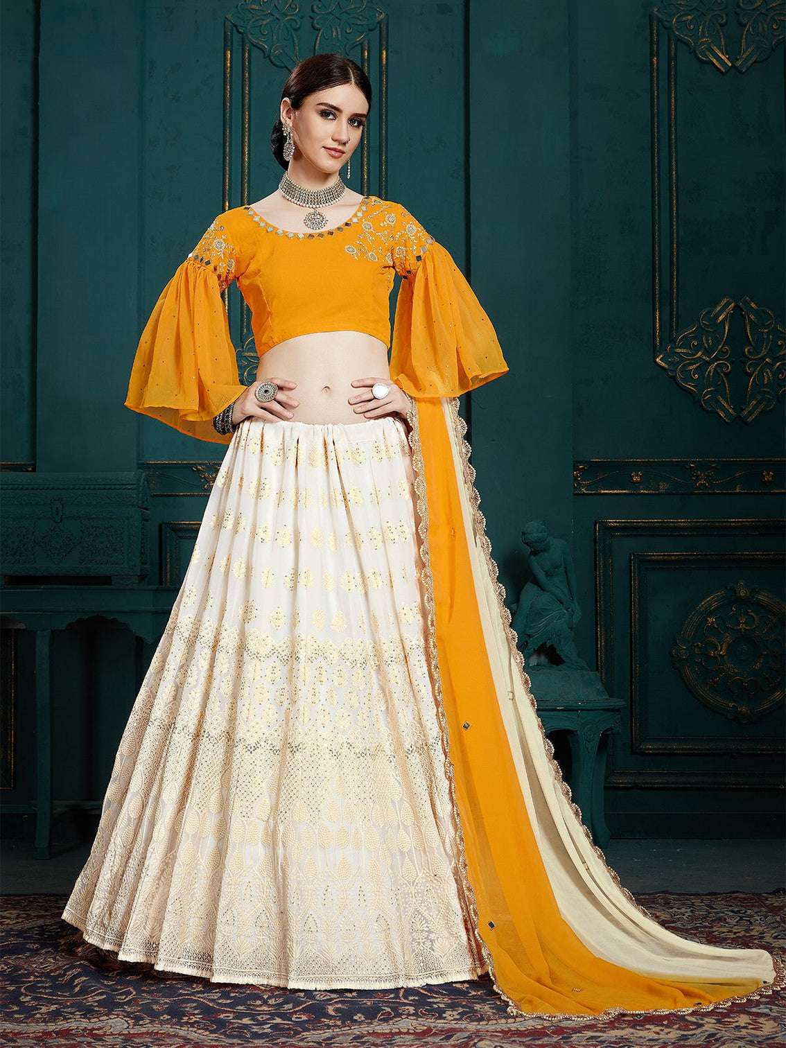 Designer White Semi Stitched Lehenga With Unstitched Blouse