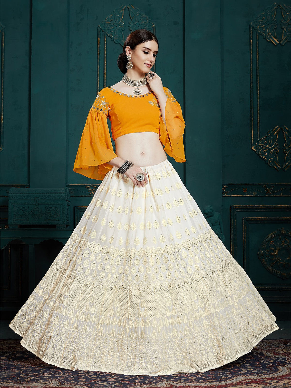 Designer White Semi Stitched Lehenga With Unstitched Blouse