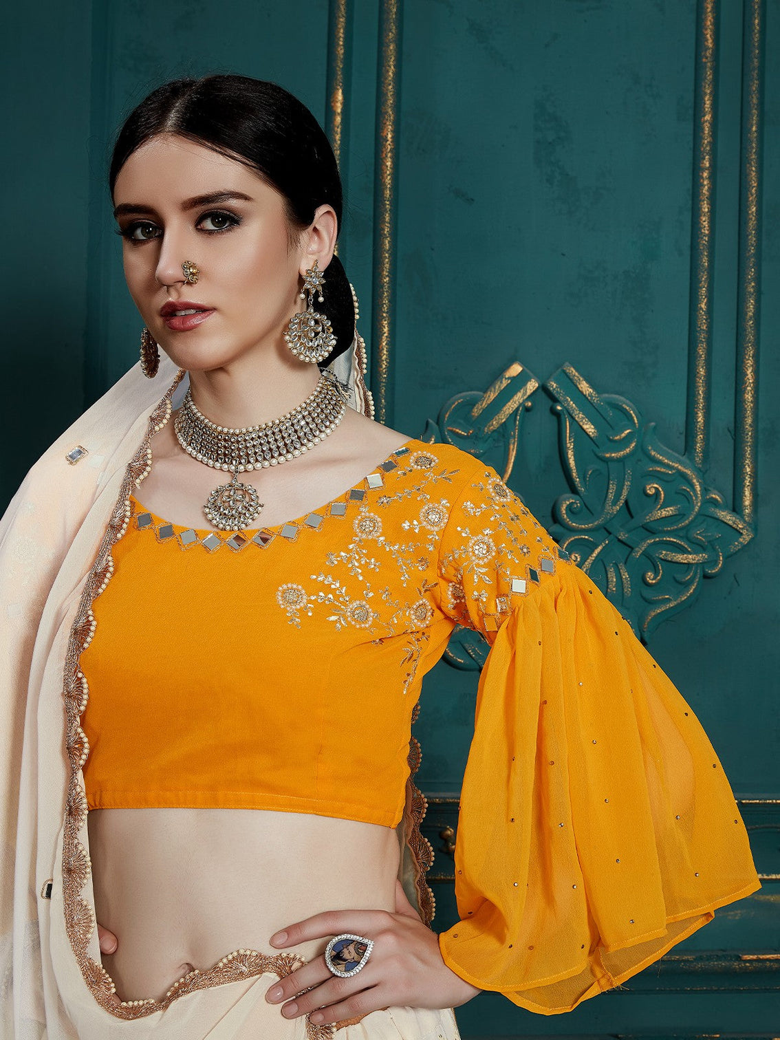 Designer White Semi Stitched Lehenga With Unstitched Blouse