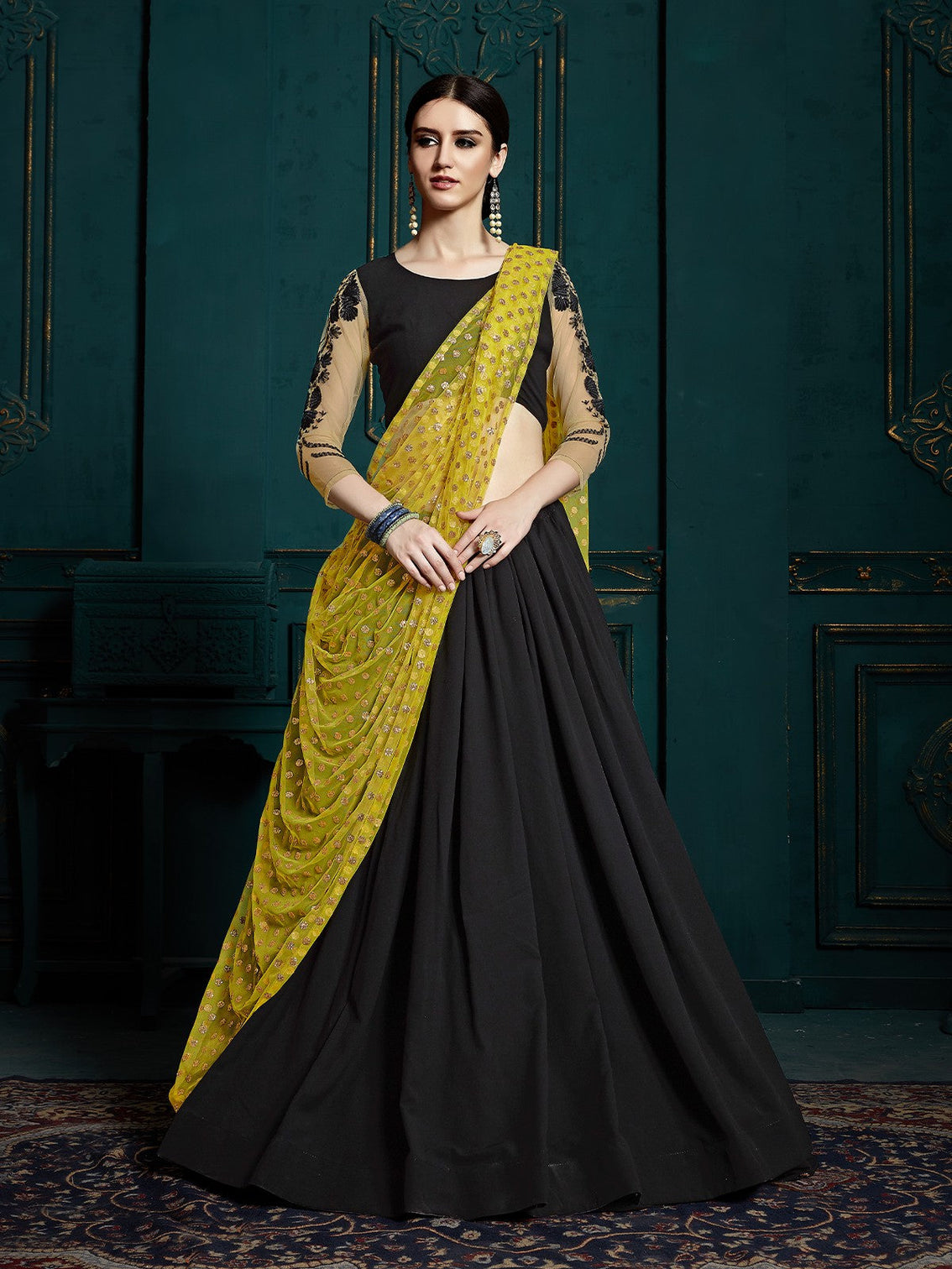 Black Classy Semi Stitched Lehenga With Unstitched Blouse