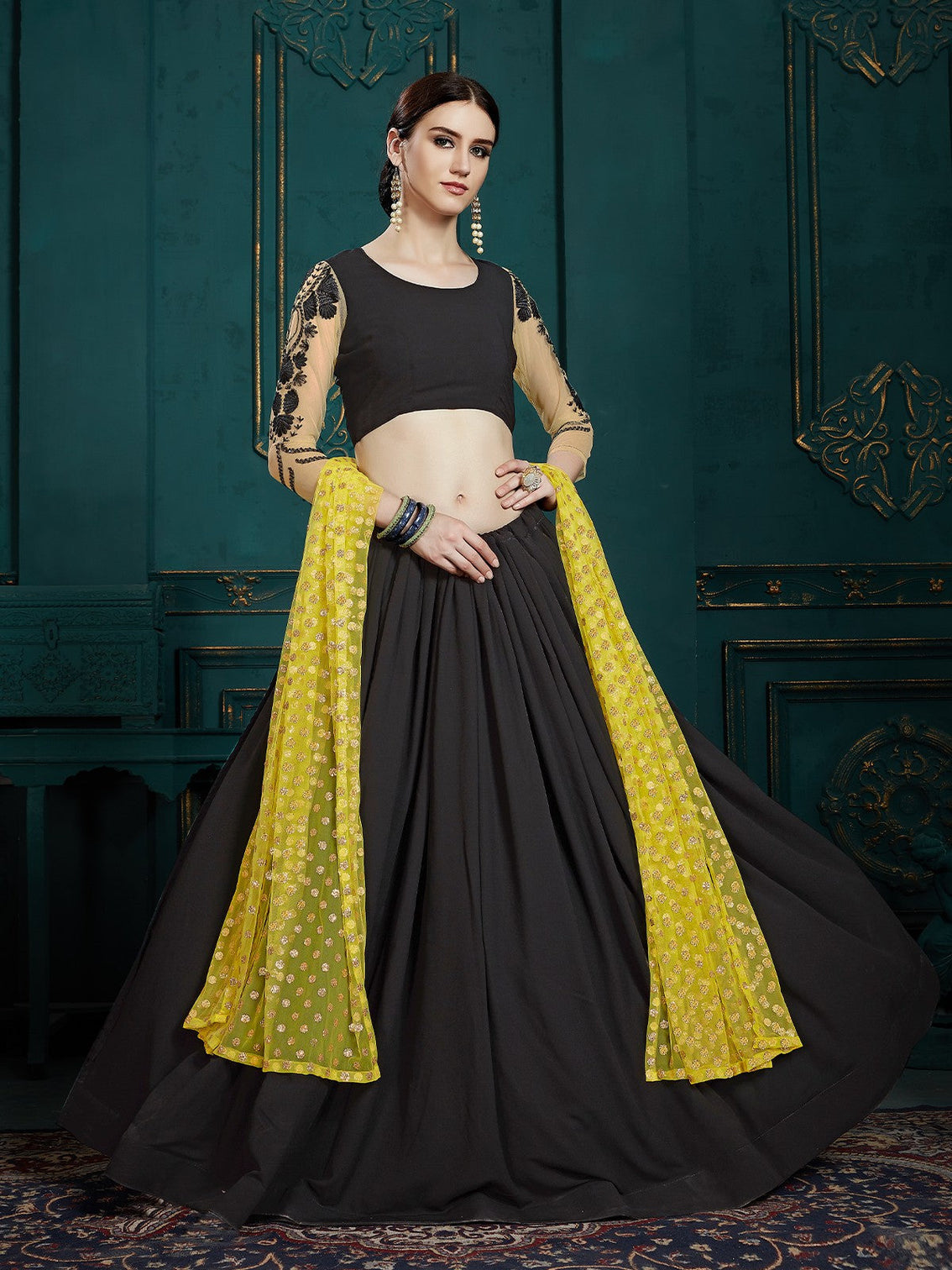 Black Classy Semi Stitched Lehenga With Unstitched Blouse