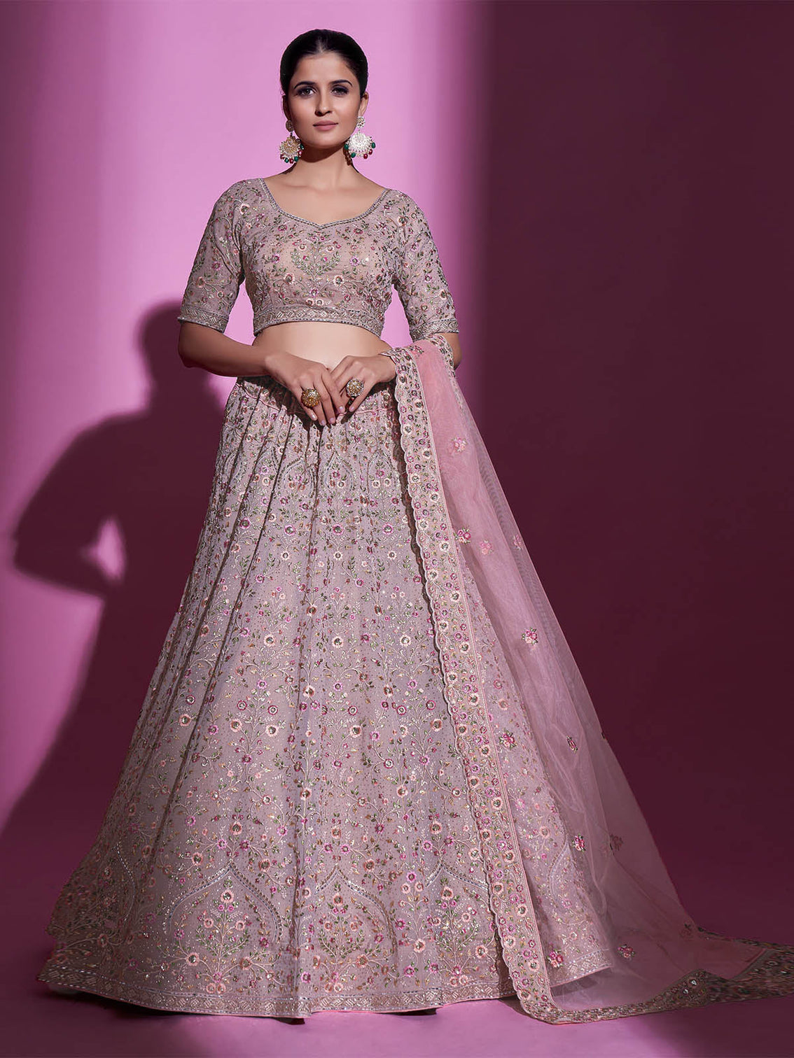 Peach Georgette Embroidered Semi Stitched Lehenga With Unstitched Blouse