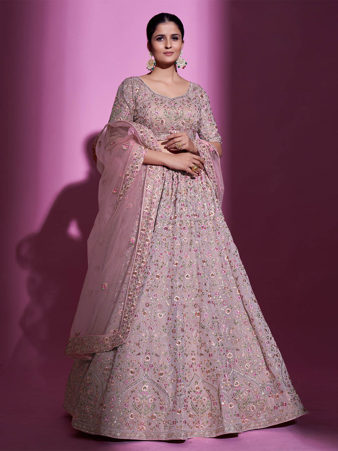Peach Georgette Embroidered Semi Stitched Lehenga With Unstitched Blouse