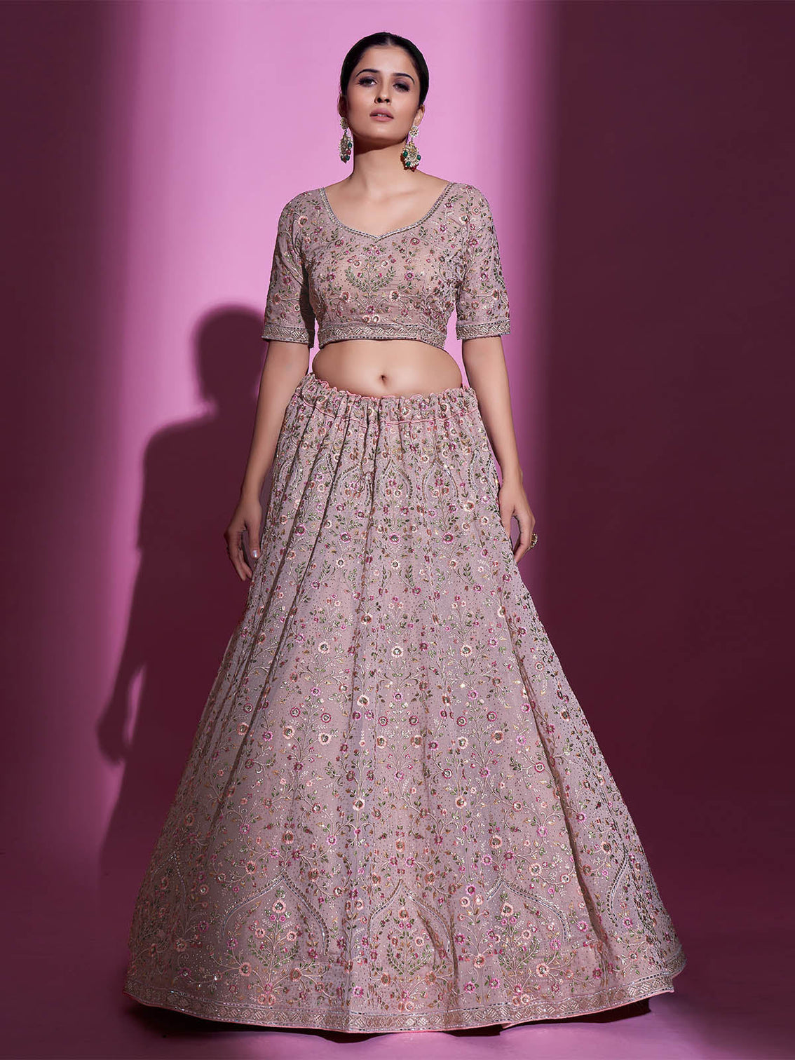 Peach Georgette Embroidered Semi Stitched Lehenga With Unstitched Blouse