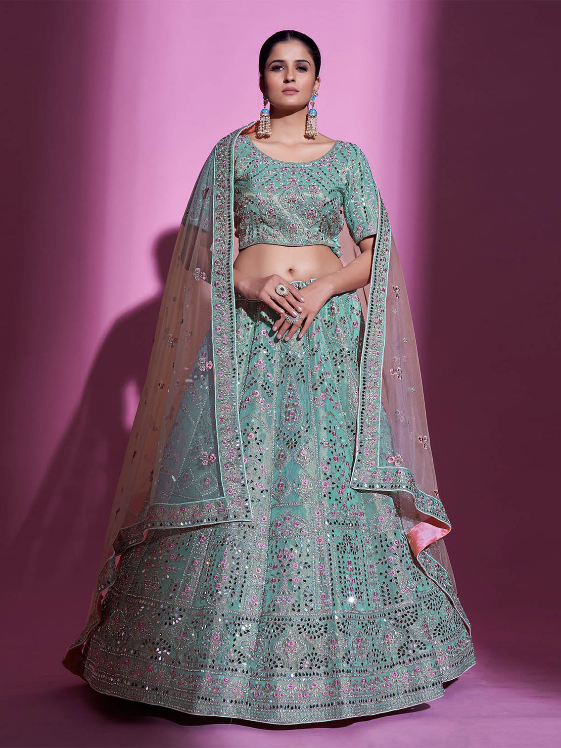 Sea Green Silk Blend Embroidered Semi Stitched Lehenga With Unstitched Blouse