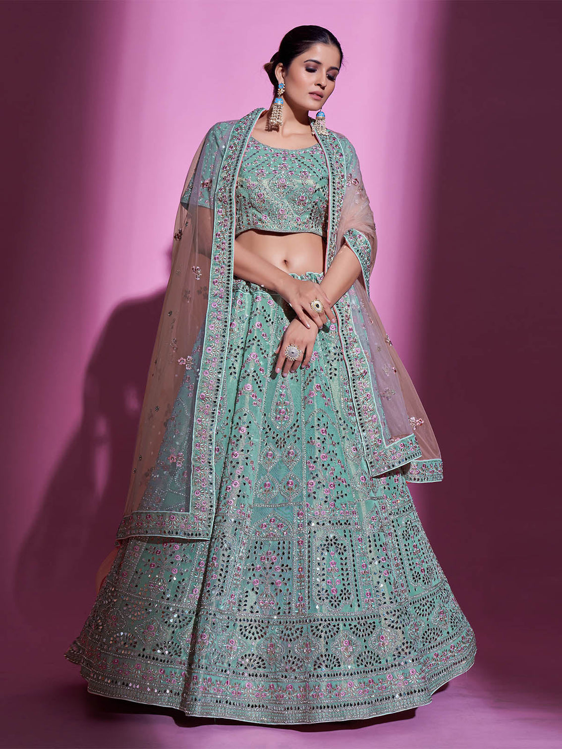 Sea Green Silk Blend Embroidered Semi Stitched Lehenga With Unstitched Blouse