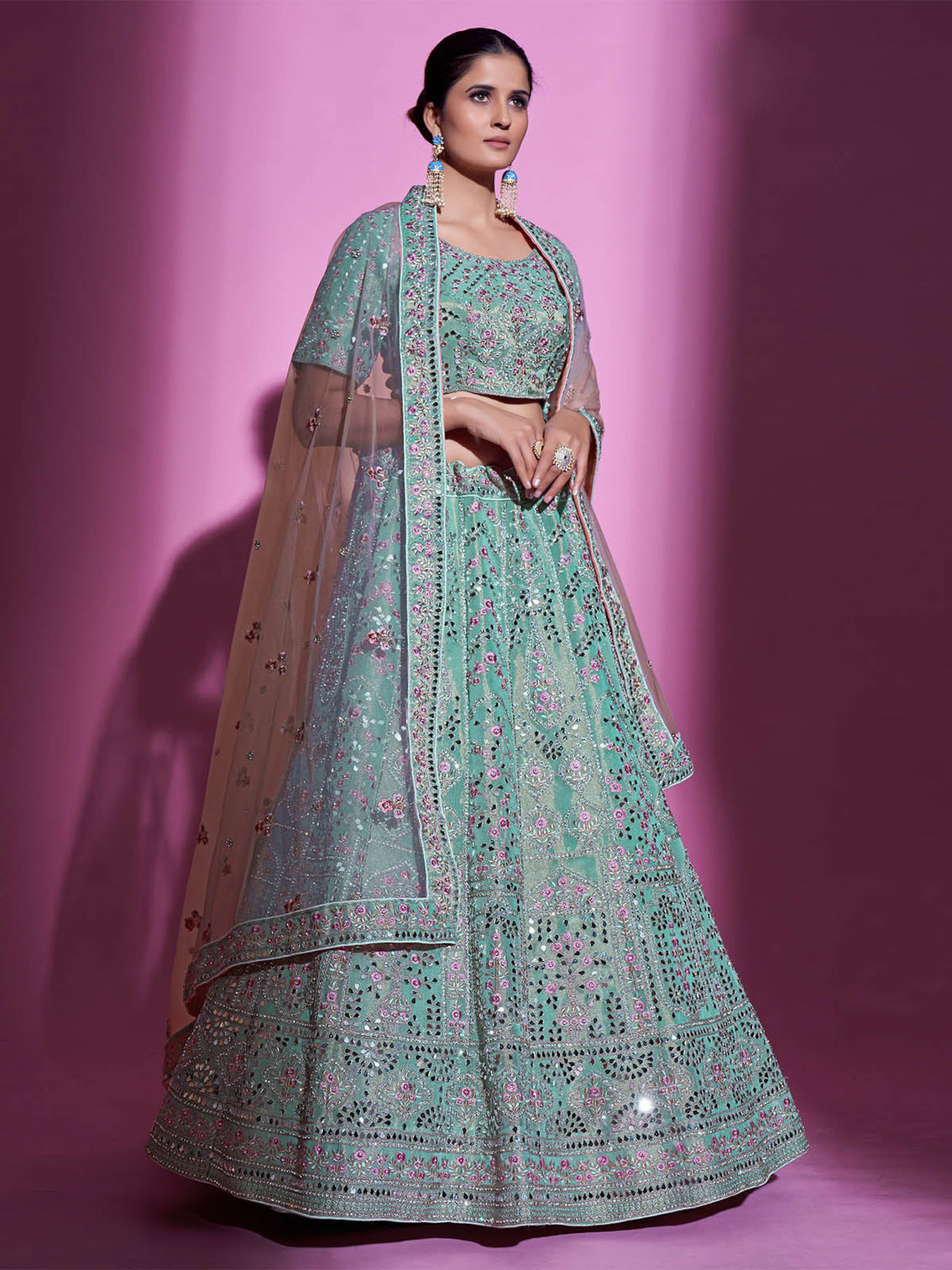 Sea Green Silk Blend Embroidered Semi Stitched Lehenga With Unstitched Blouse