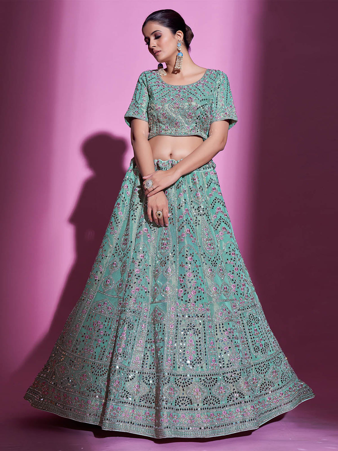 Sea Green Silk Blend Embroidered Semi Stitched Lehenga With Unstitched Blouse