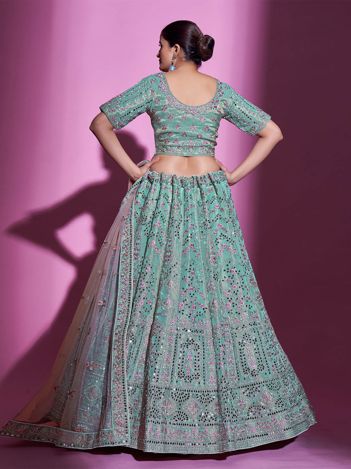 Sea Green Silk Blend Embroidered Semi Stitched Lehenga With Unstitched Blouse