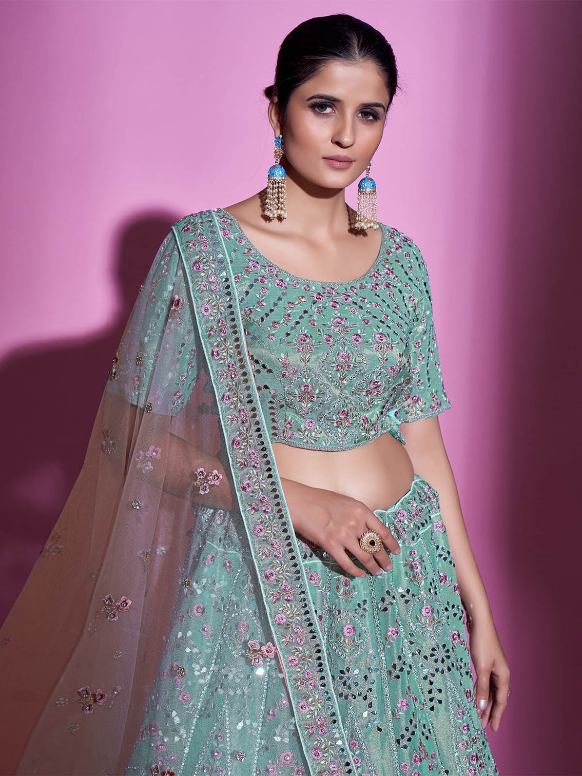 Sea Green Silk Blend Embroidered Semi Stitched Lehenga With Unstitched Blouse