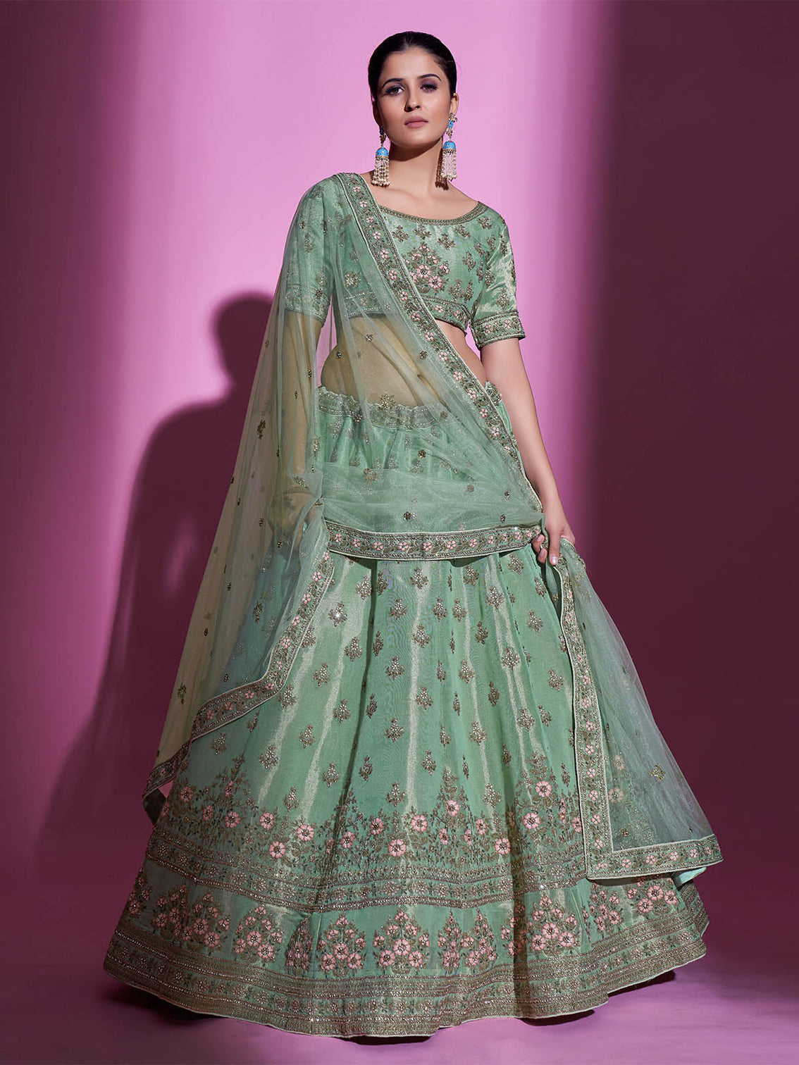 Green Silk Blend Embroidered Semi Stitched Lehenga With Unstitched Blouse