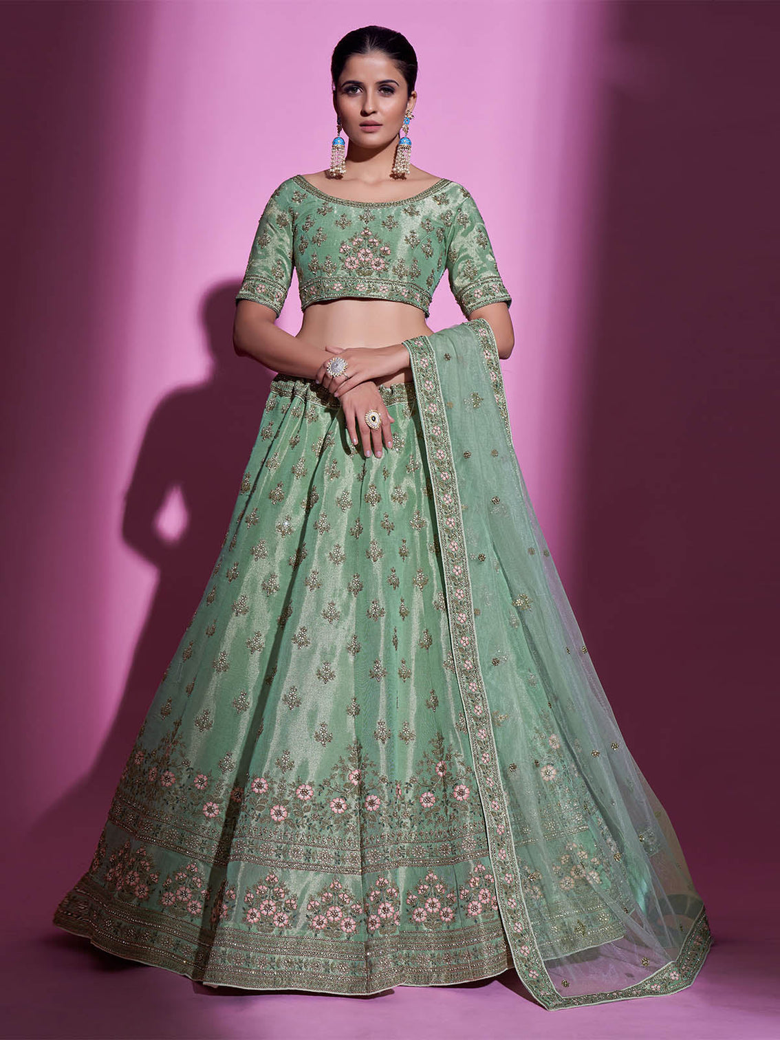 Green Silk Blend Embroidered Semi Stitched Lehenga With Unstitched Blouse