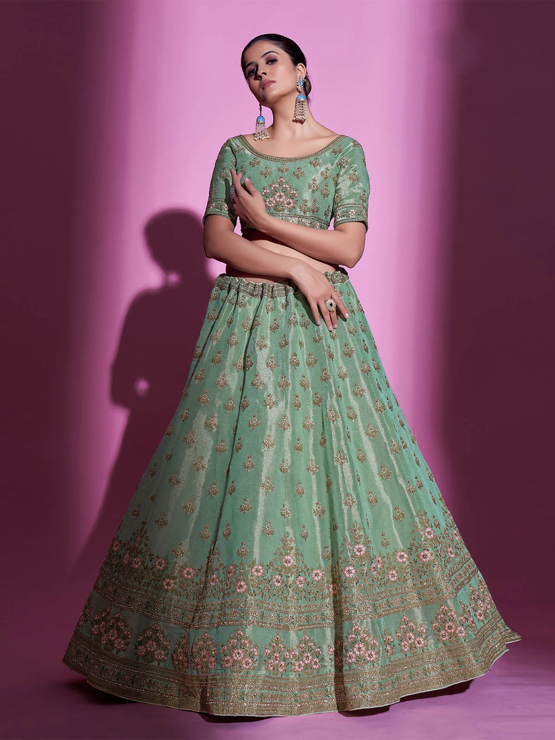 Green Silk Blend Embroidered Semi Stitched Lehenga With Unstitched Blouse