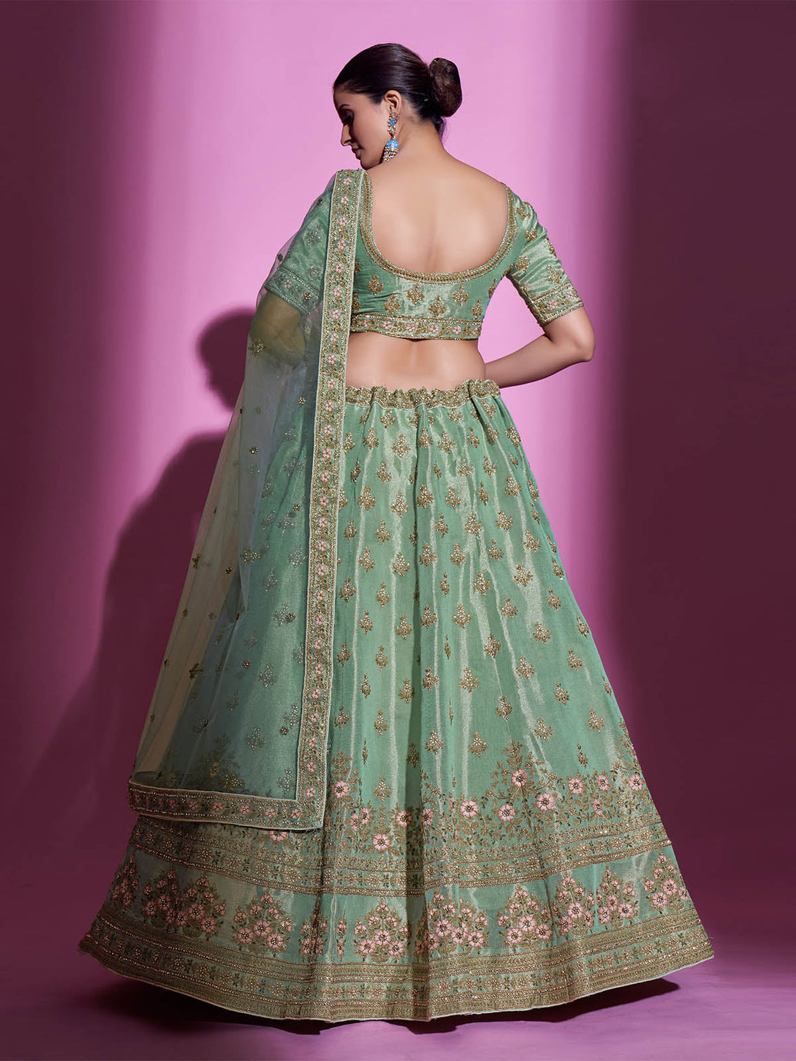 Green Silk Blend Embroidered Semi Stitched Lehenga With Unstitched Blouse