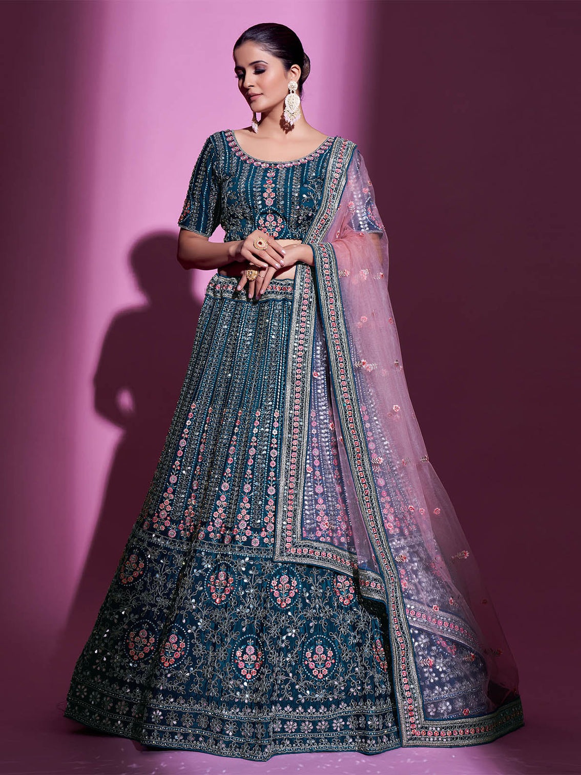 Teal Crepe Embroidered Semi Stitched Lehenga With Unstitched Blouse