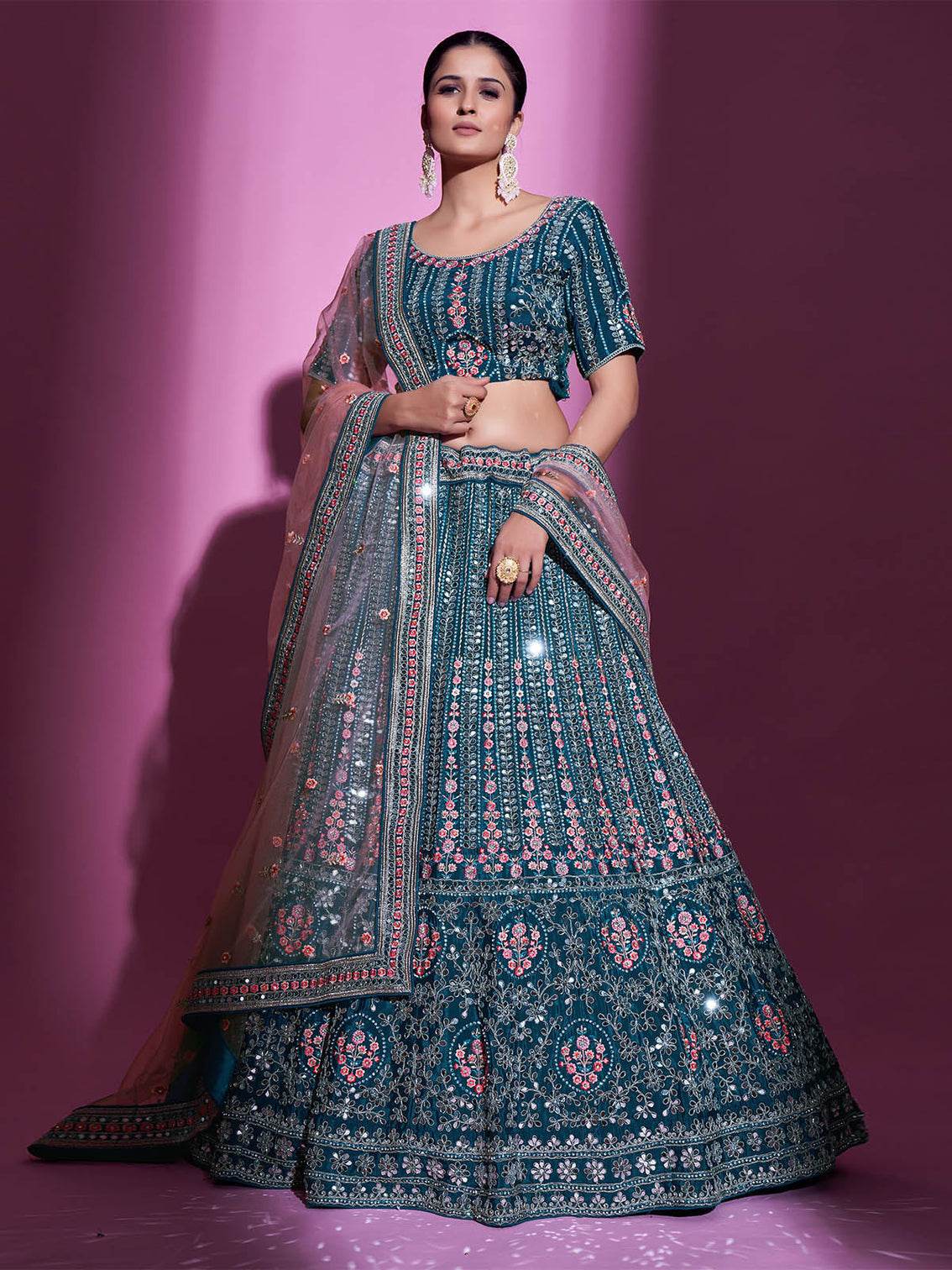 Teal Crepe Embroidered Semi Stitched Lehenga With Unstitched Blouse