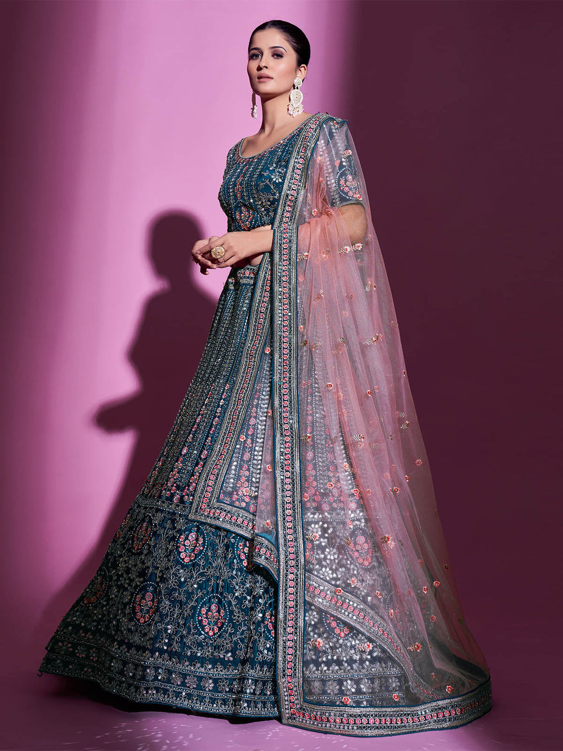Teal Crepe Embroidered Semi Stitched Lehenga With Unstitched Blouse