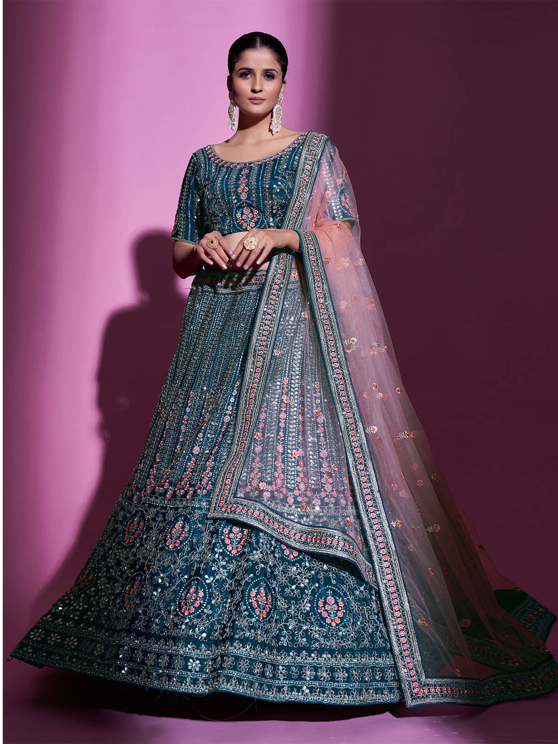 Teal Crepe Embroidered Semi Stitched Lehenga With Unstitched Blouse