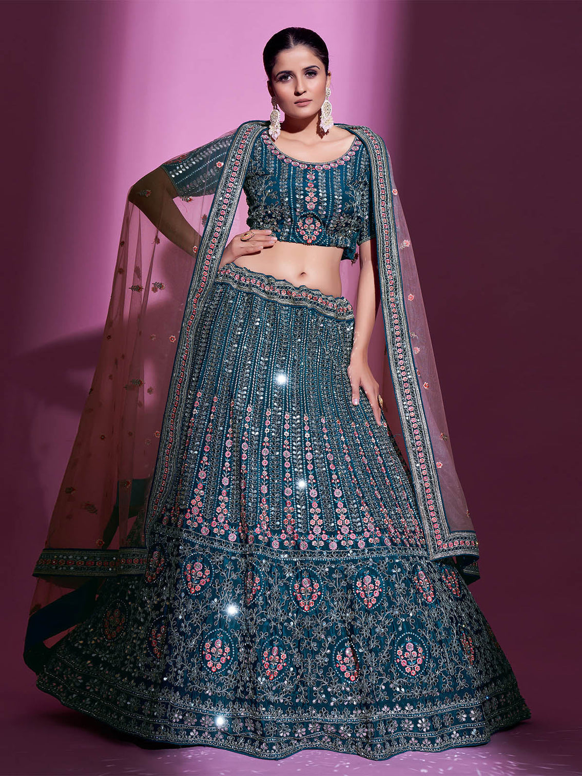 Teal Crepe Embroidered Semi Stitched Lehenga With Unstitched Blouse