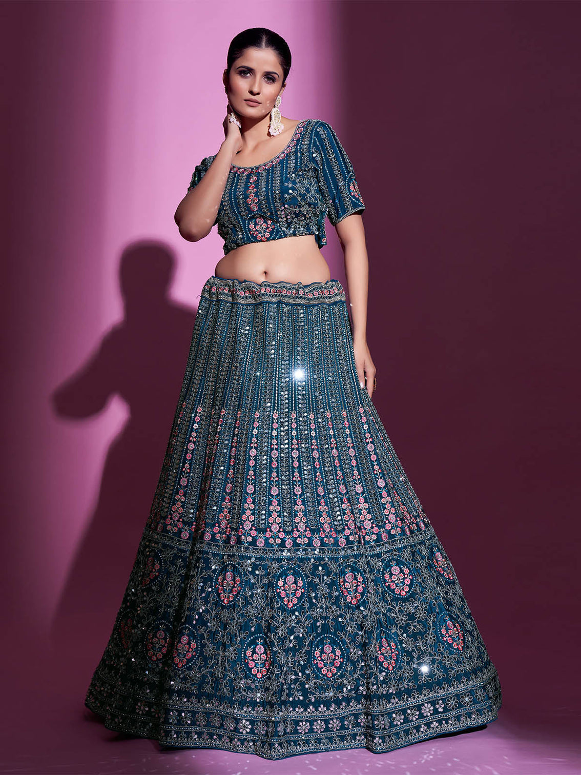 Teal Crepe Embroidered Semi Stitched Lehenga With Unstitched Blouse