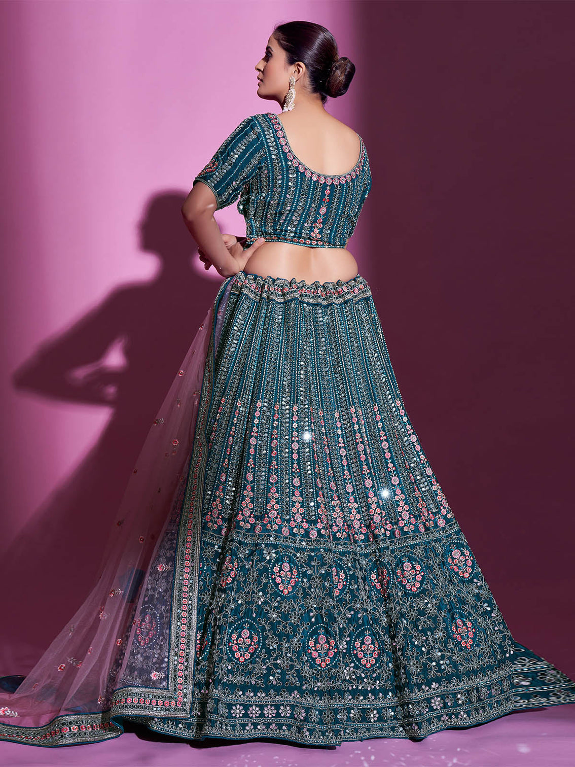 Teal Crepe Embroidered Semi Stitched Lehenga With Unstitched Blouse