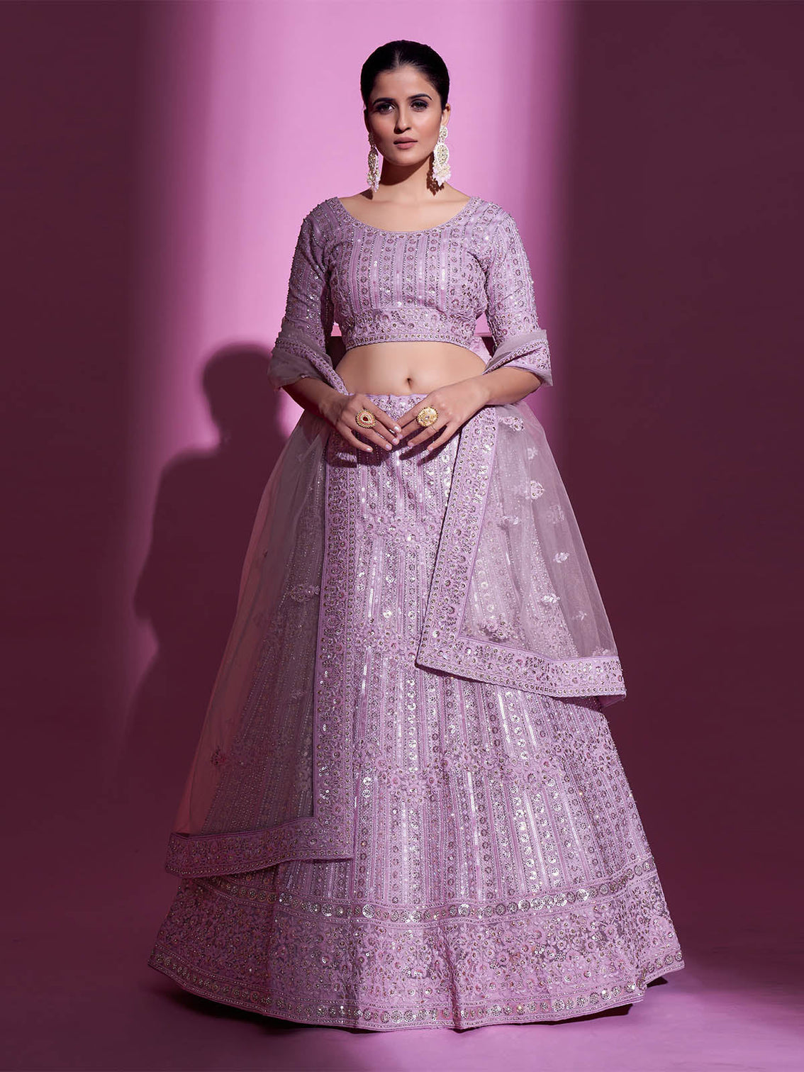 Purple Net Embroidered Semi Stitched Lehenga With Unstitched Blouse